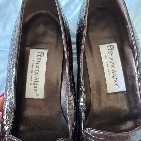 Etienne Aigner Dark Brown Croc-Embossed Leather Loafers with Gold Accent - Picture 4 of 8